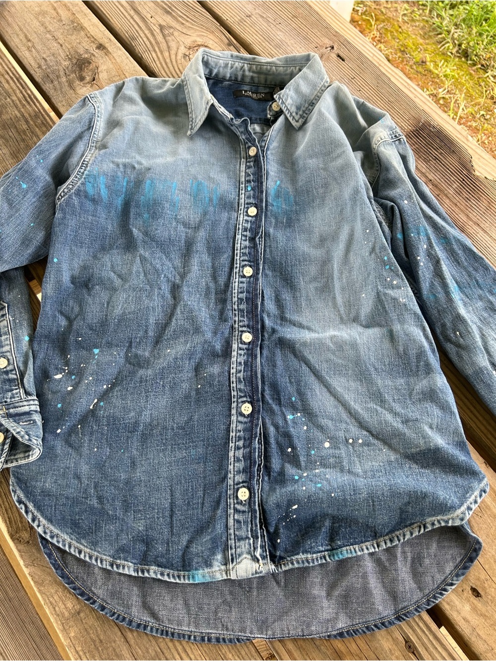 Ralph Lauren Blue Denim Shirt with Light Paint Splatter